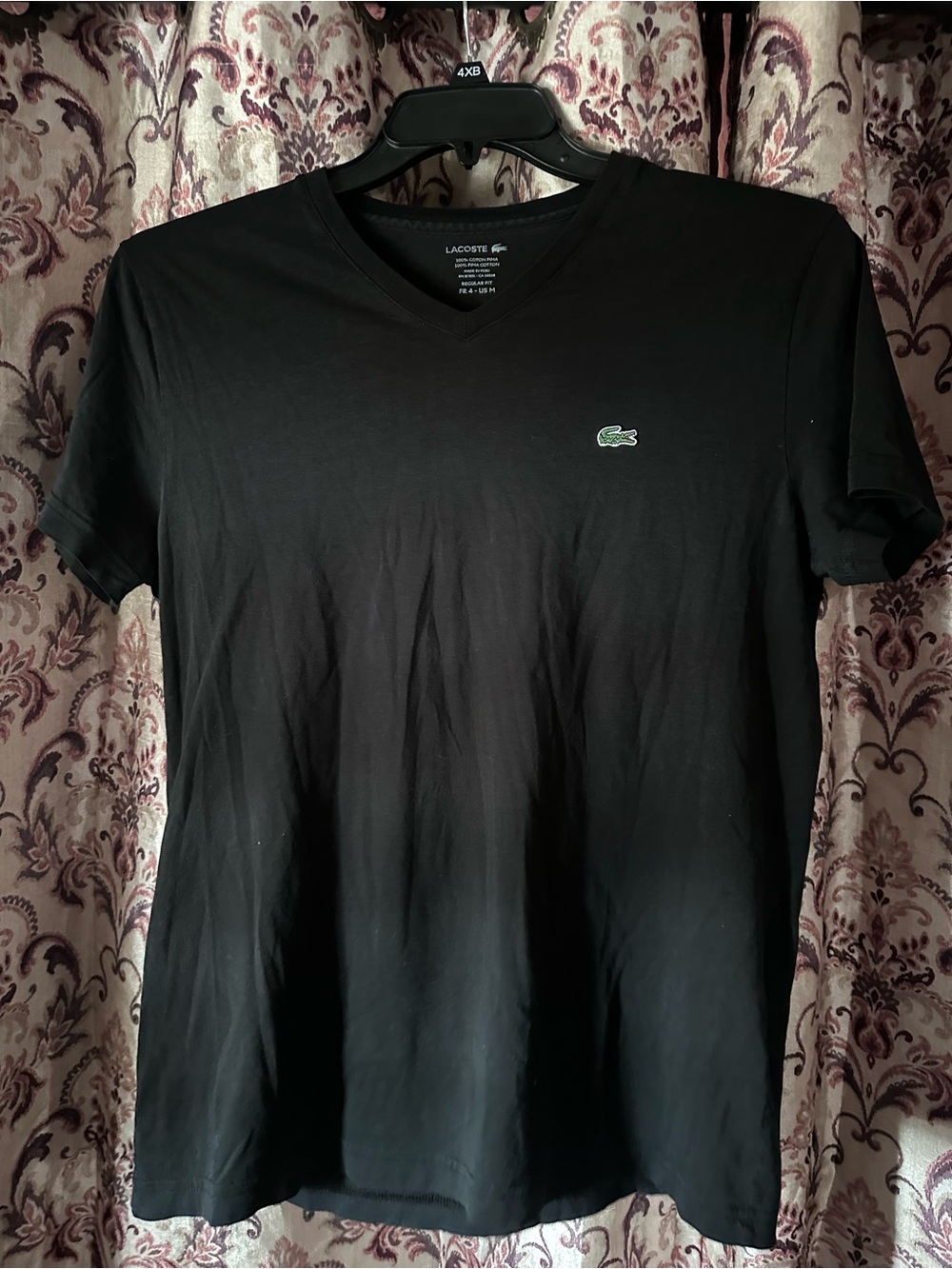 Lacoste Men's Black V-Neck Tee with Green Crocodile Logo